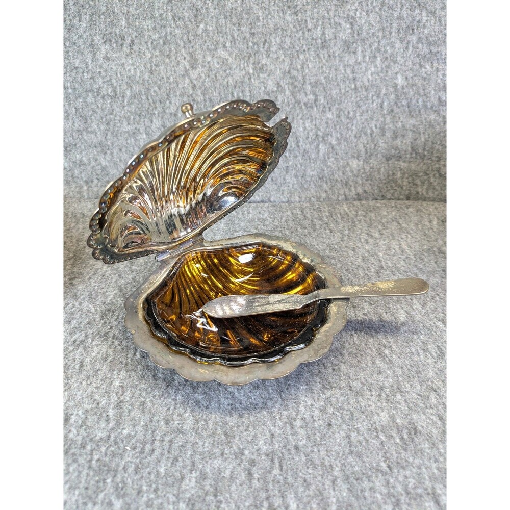 Vintage Leonard Silverplate Shell Butter Dish No 826 Glass Insert Knife Box